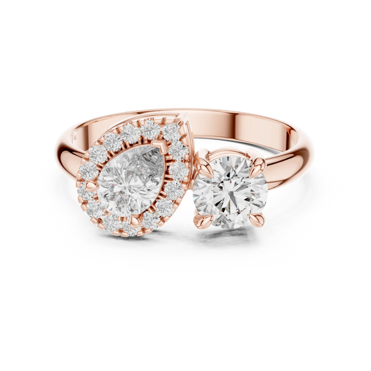 Pear Halo and Round Toi et Moi Moissanite Ring in rose 925 sterling silver, view 4