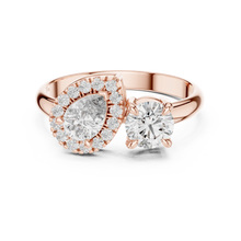 Pear Halo and Round Toi et Moi Moissanite Ring in rose 925 sterling silver, view 4