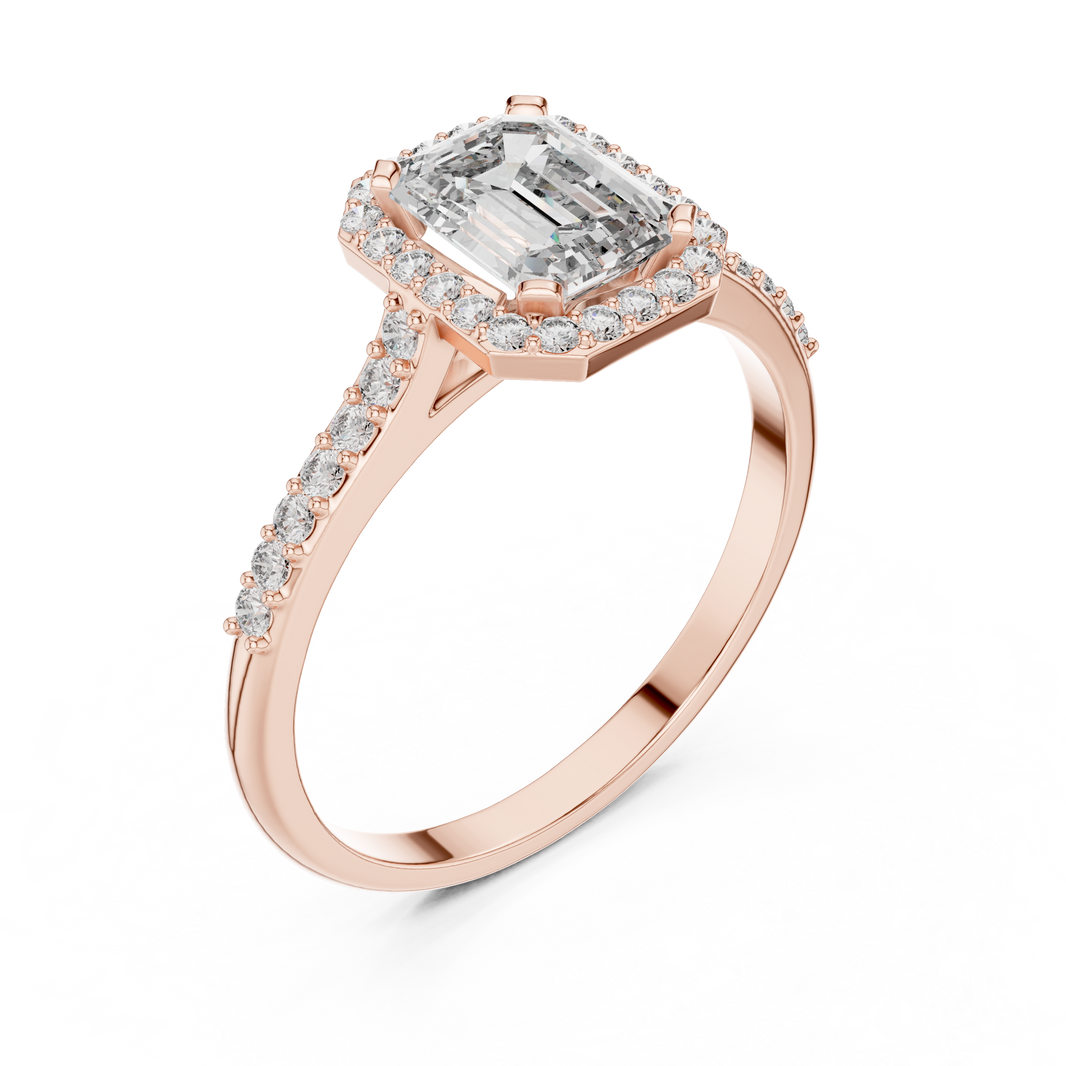 Emerald Cut Halo Moissanite Ring with Pavé Shoulders in rose 925 sterling silver, view 2