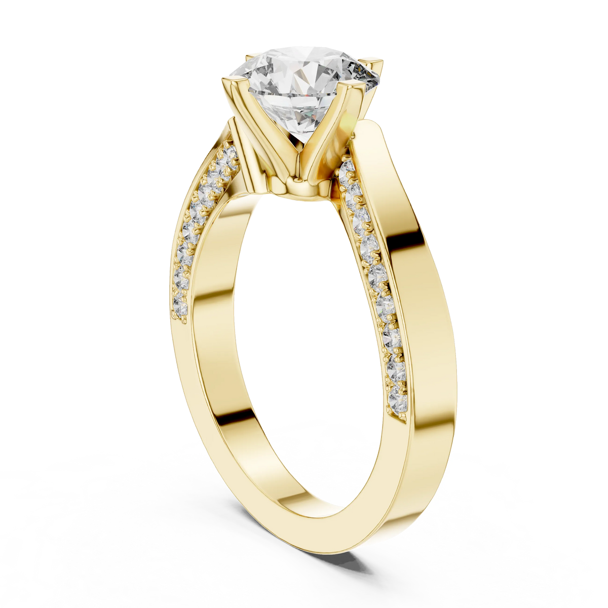 Round Solitaire Moissanite Ring with Pavé Cathedral Shank in yellow 925 sterling silver, view 1