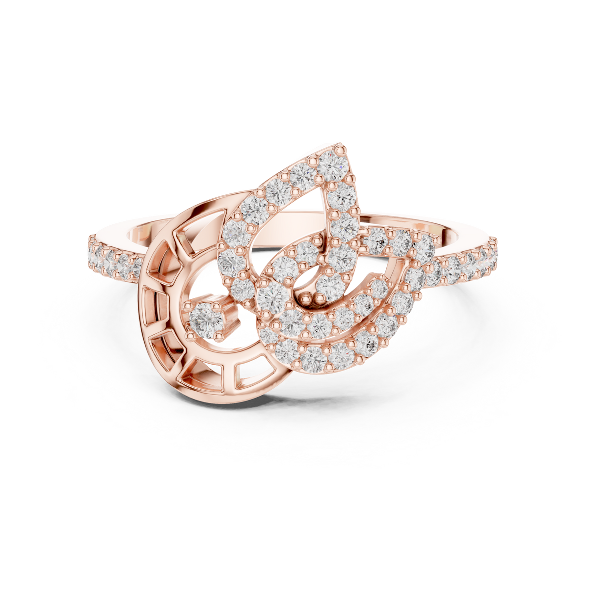 Pavé Leaf and Nautilus Swirl Moissanite Ring in rose 925 sterling silver, view 4
