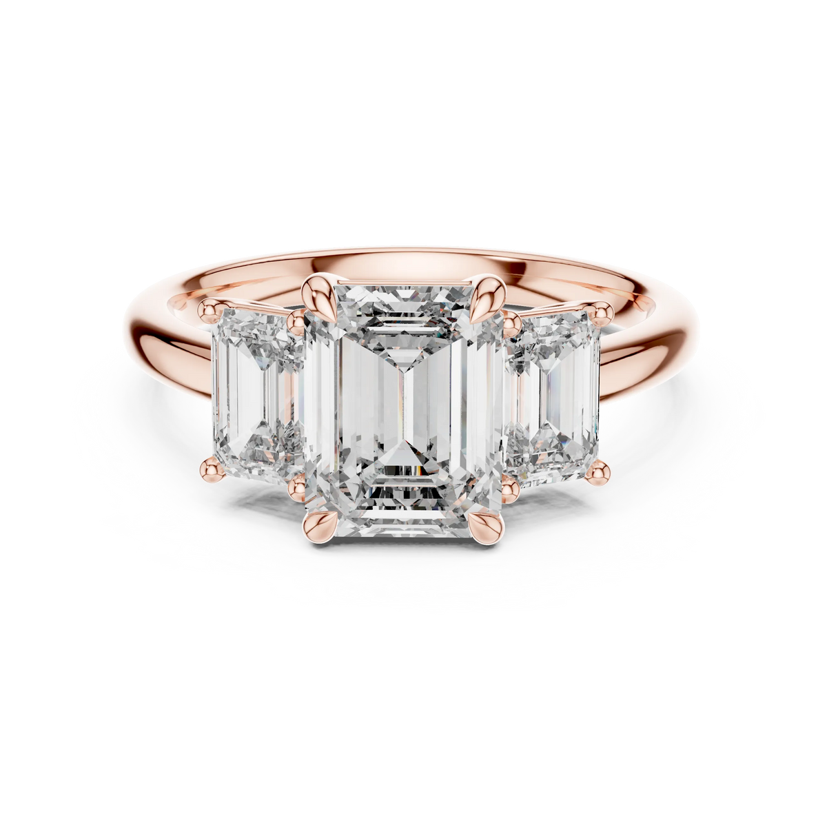 Emerald Cut Three Stone Moissanite Ring in rose 925 sterling silver, view 4