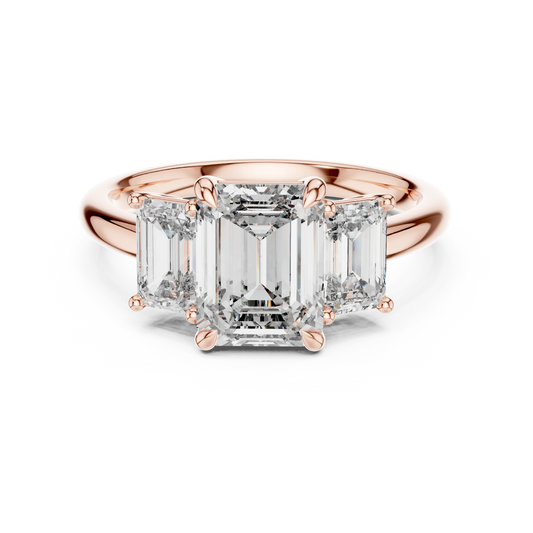 Emerald Cut Three Stone Moissanite Ring in rose 925 sterling silver, view 4
