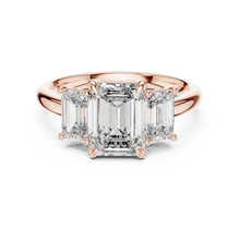 Emerald Cut Three Stone Moissanite Ring in rose 925 sterling silver, view 4