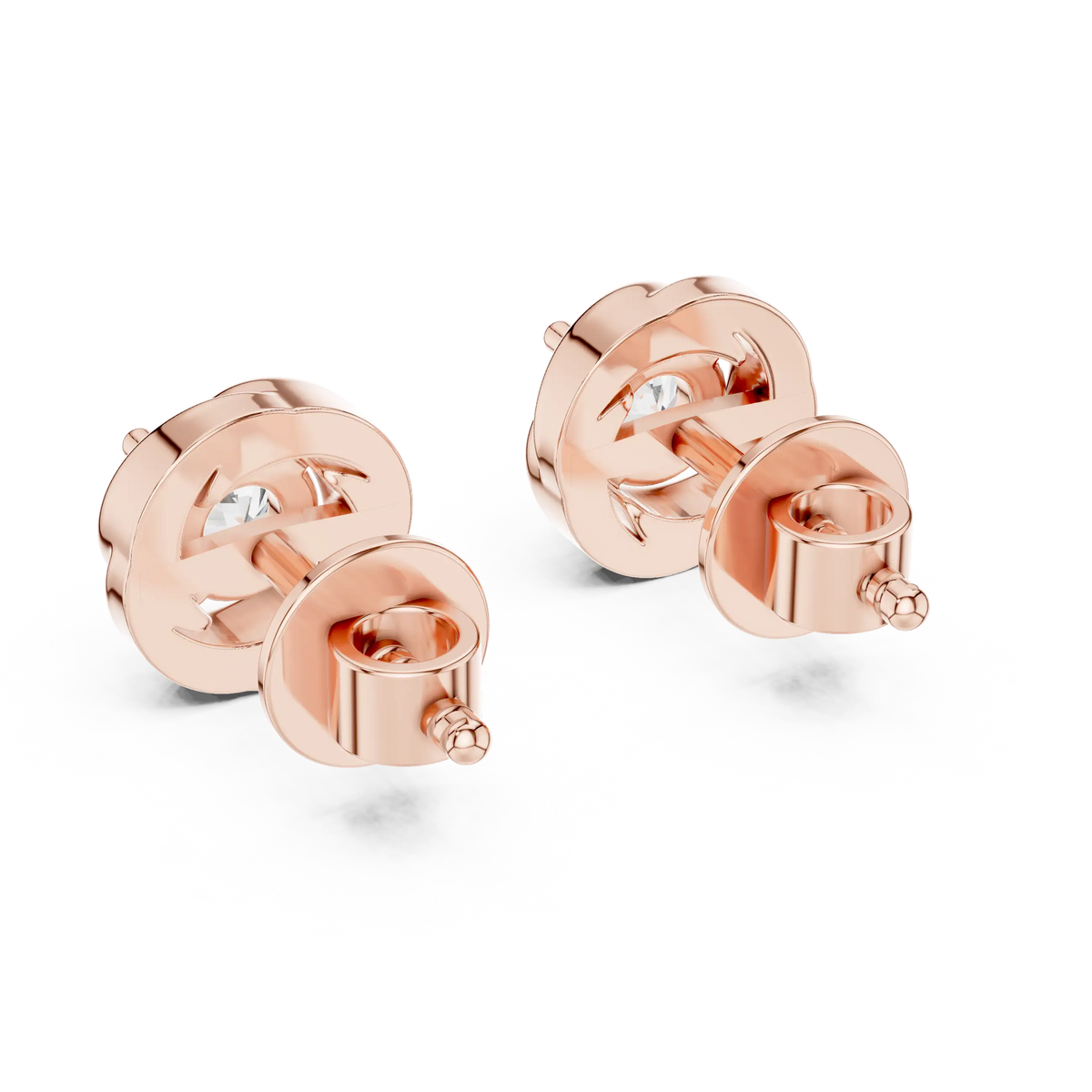 Round moissanite swirl stud earrings in rose 925 sterling silver, view 3