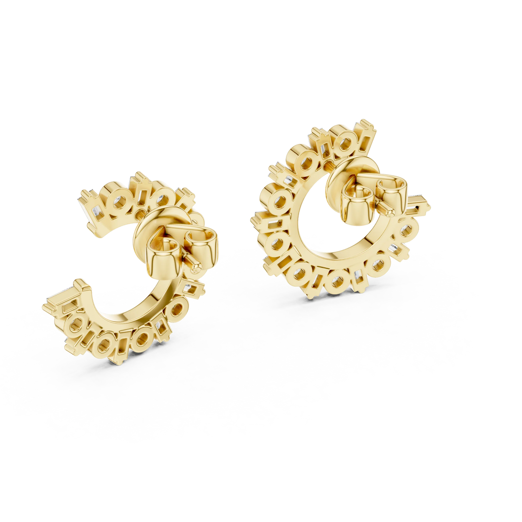 Baguette and round moissanite front hoop earrings in yellow 925 sterling silver, view 3