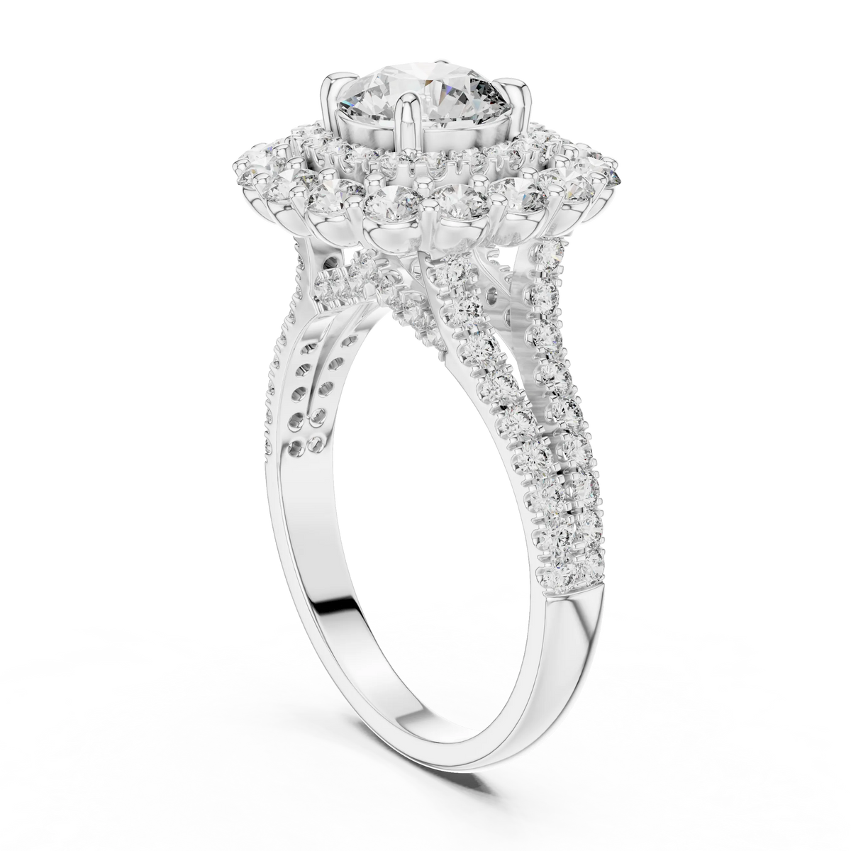 Round Cluster Halo Moissanite Engagement Ring in white 925 sterling silver, view 1