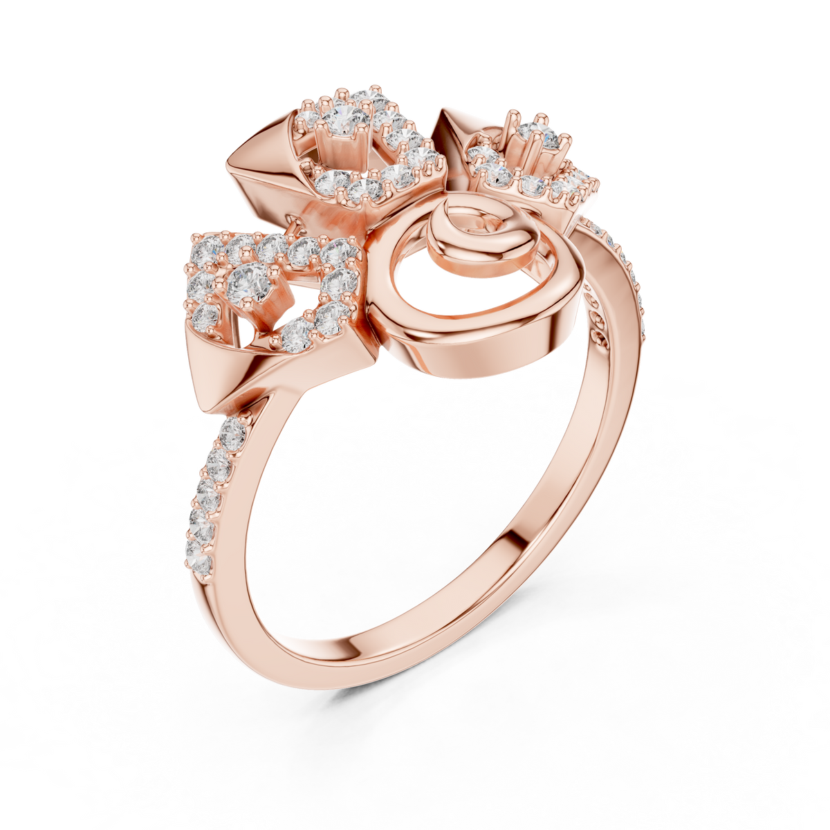 Geometric Pavé Fan and Swirl Moissanite Ring in rose 925 sterling silver, view 2