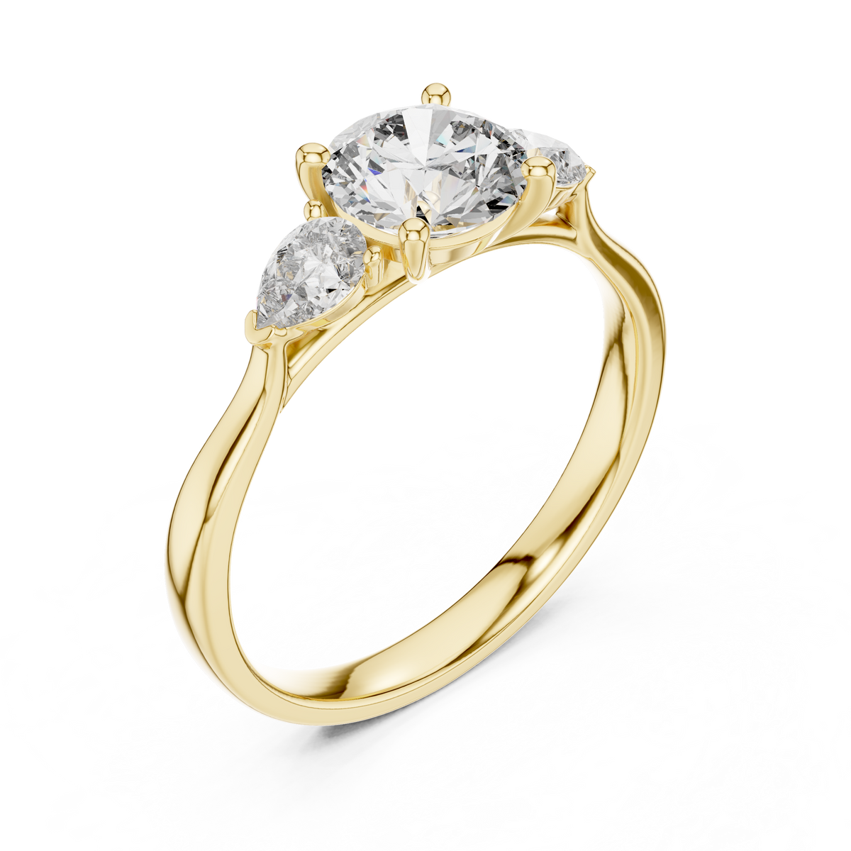 Round and Pear Three Stone Moissanite Ring in yellow 925 sterling silver, view 2