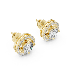 Round halo moissanite stud earrings in yellow 925 sterling silver, four-prong halo, view 2