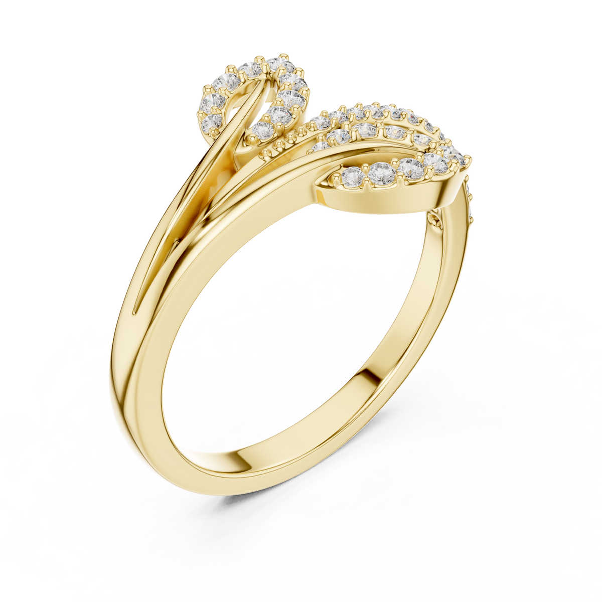 Bypass Twin Leaf Pavé Moissanite Ring in yellow 925 sterling silver, view 2