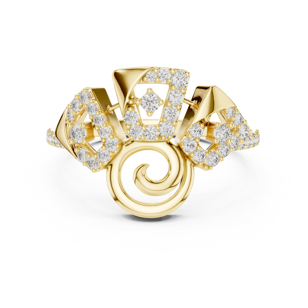 Geometric Pavé Fan and Swirl Moissanite Ring in yellow 925 sterling silver, view 4