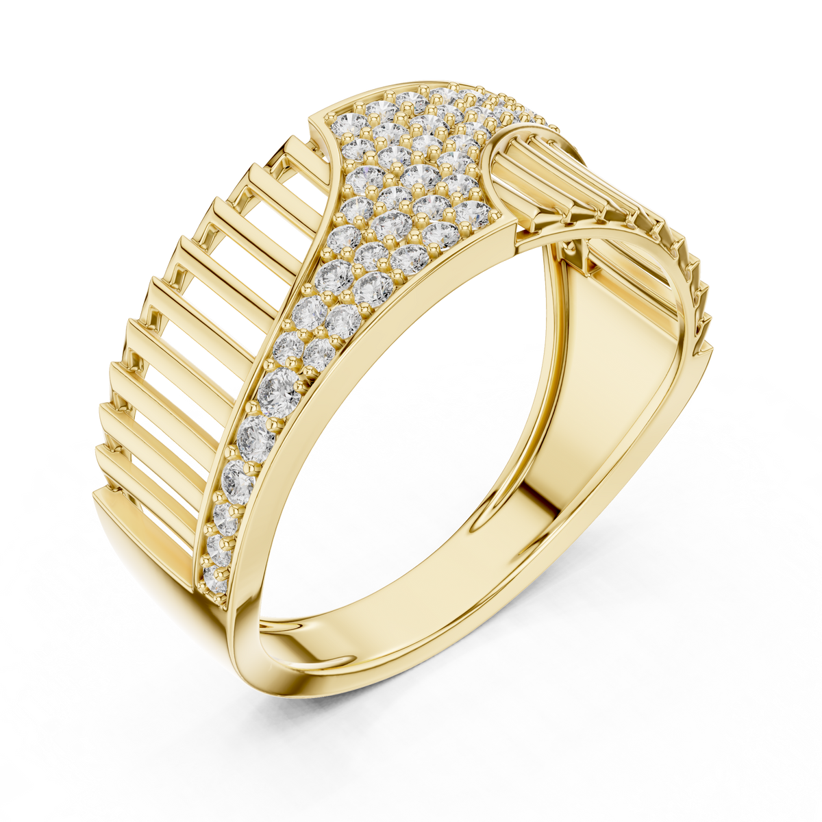 Men's Diagonal Wave Pavé and Ribbed Moissanite Band in yellow 925 sterling silver, view 2