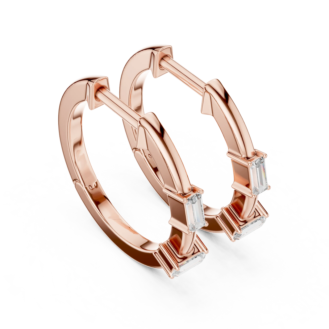 Baguette moissanite hoop earrings in rose 925 sterling silver, view 2