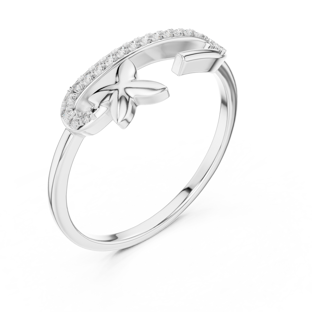 Pavé Bar Moissanite Ring with Clover Accent in white 925 sterling silver, view 2