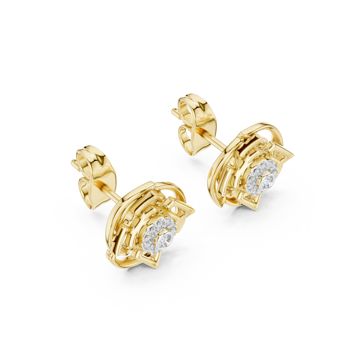 Moissanite Knot Halo Stud Earrings in yellow 925 sterling silver, view 2