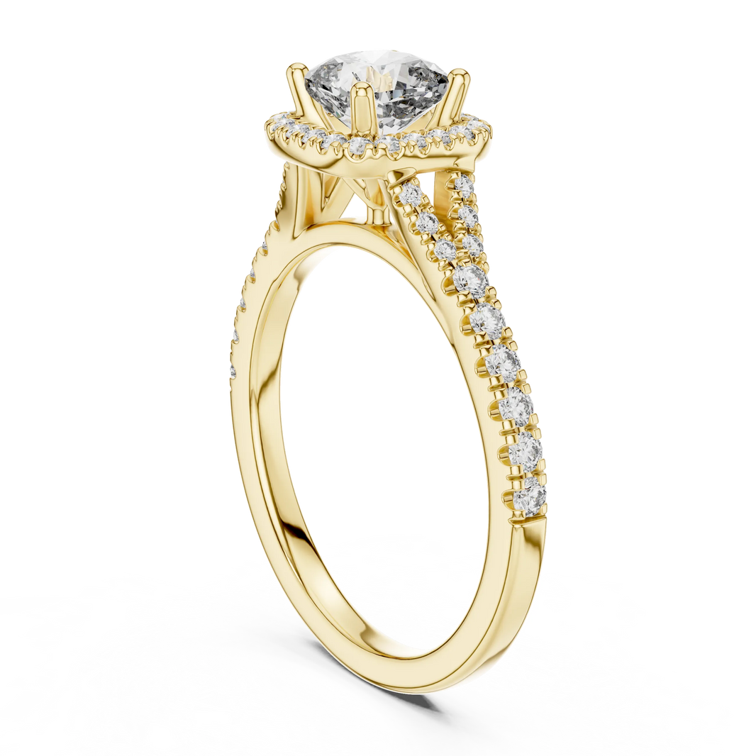 Cushion Halo Moissanite Engagement Ring in yellow 925 sterling silver, view 1