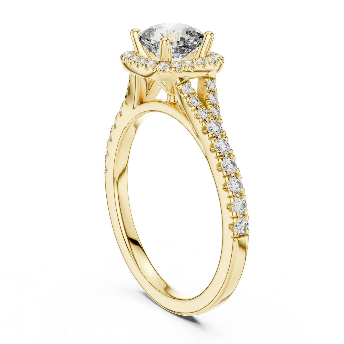 Cushion Halo Moissanite Engagement Ring in yellow 925 sterling silver, view 1