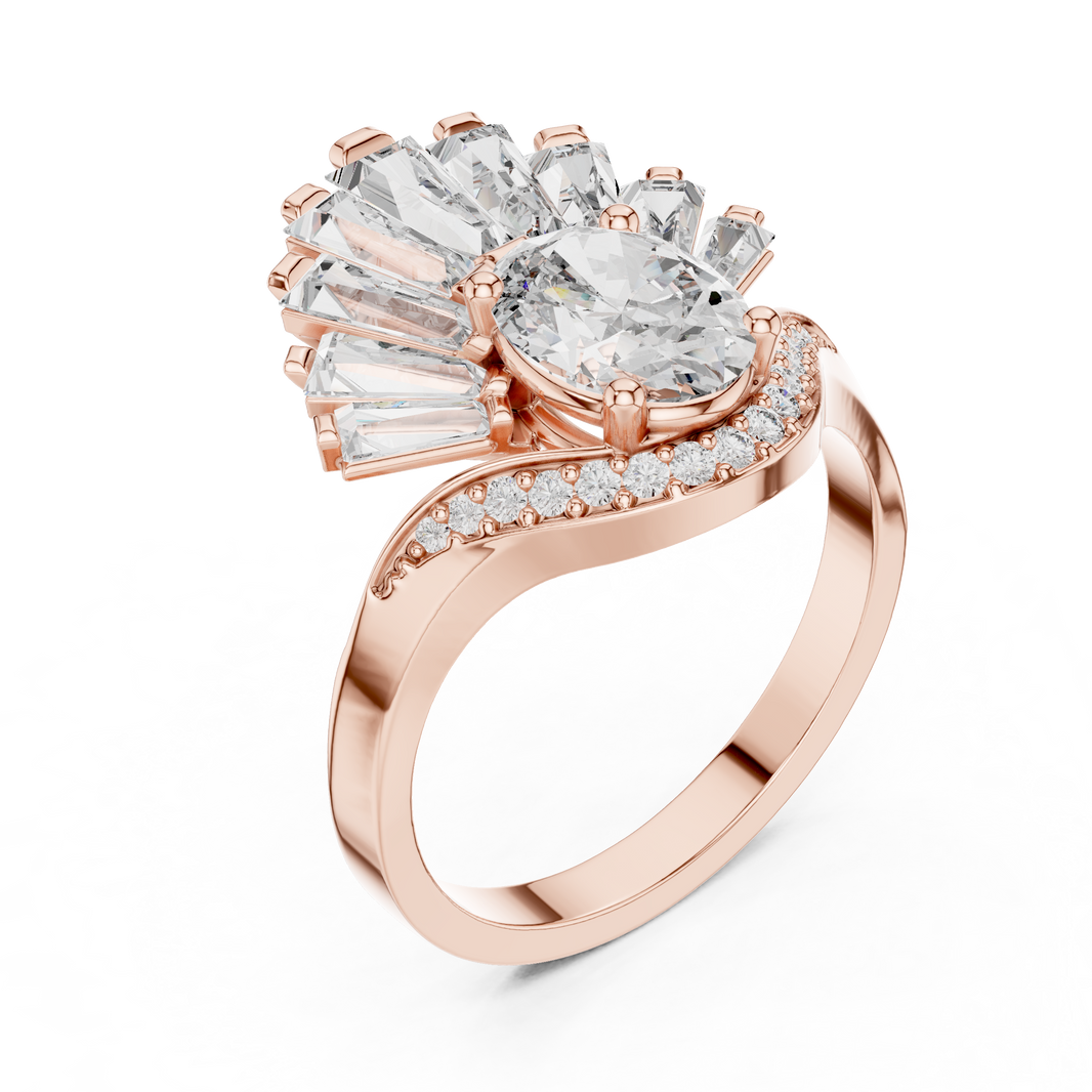 Oval Moissanite Ring with Baguette Fan Crown in rose 925 sterling silver, view 2
