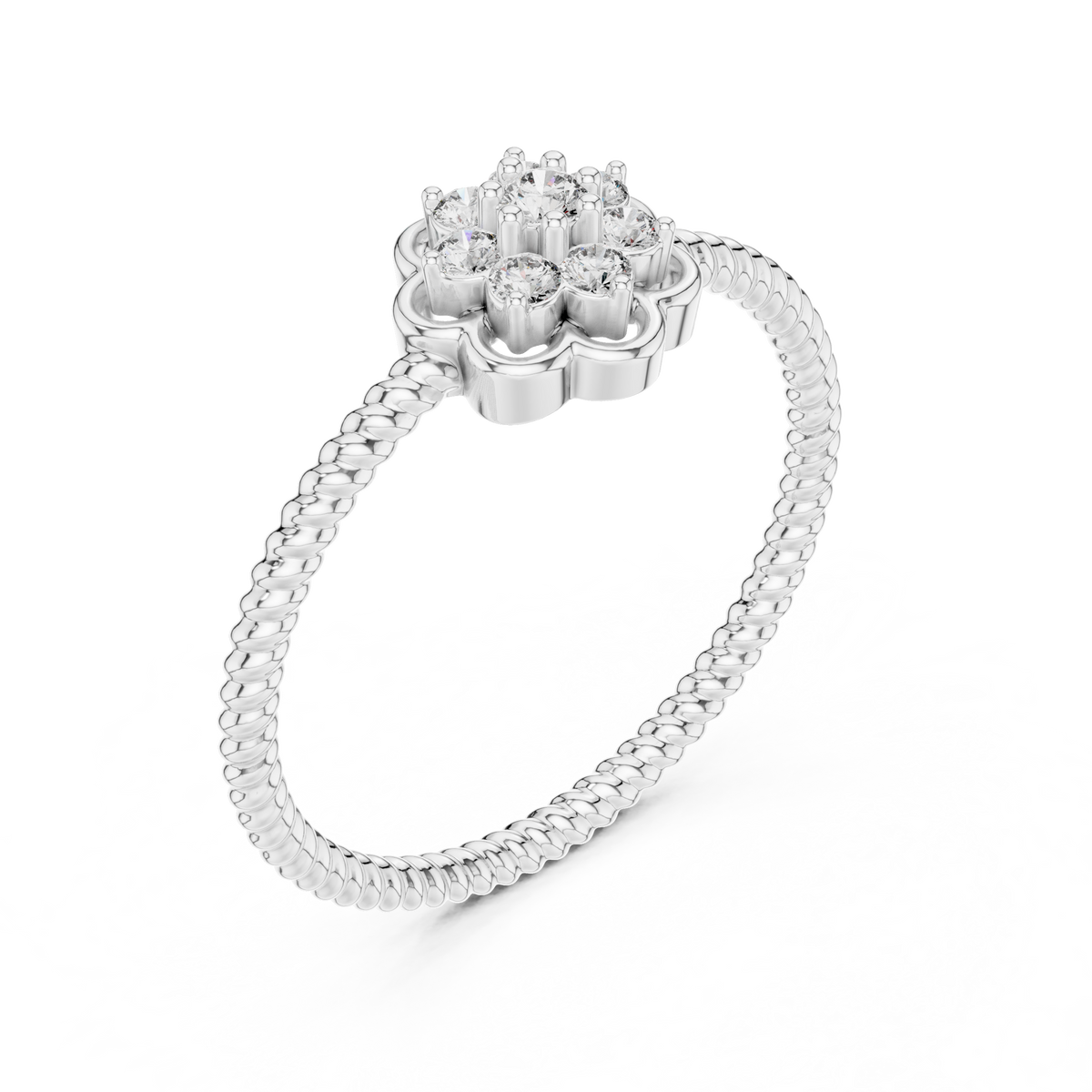 Flower Cluster Moissanite Ring with Rope Band in white 925 sterling silver, view 2