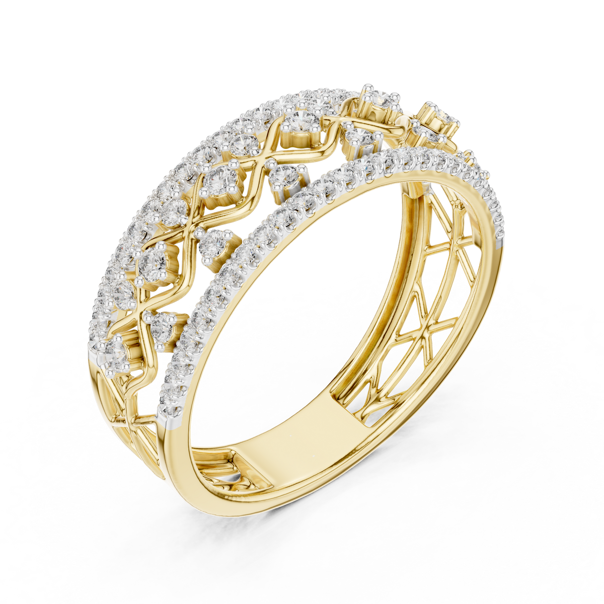Triple Row Openwork Moissanite Band in yellow 925 sterling silver, view 2