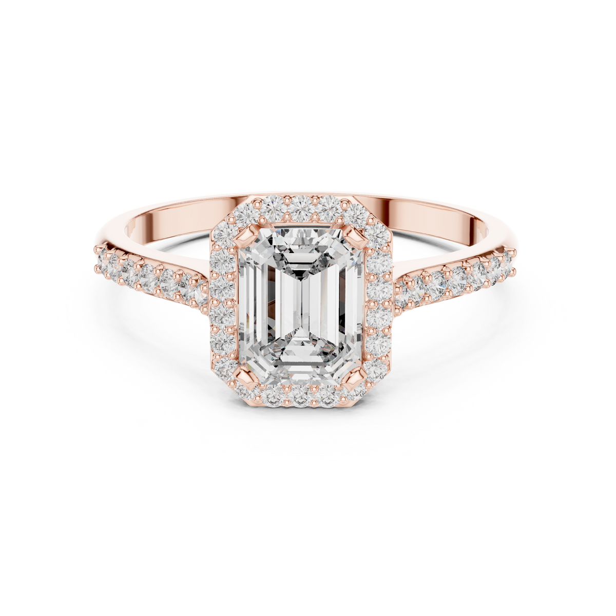 Emerald Cut Halo Moissanite Ring with Pavé Shoulders in rose 925 sterling silver, view 4