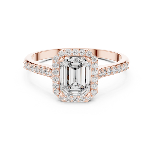 Emerald Cut Halo Moissanite Ring with Pavé Shoulders in rose 925 sterling silver, view 4