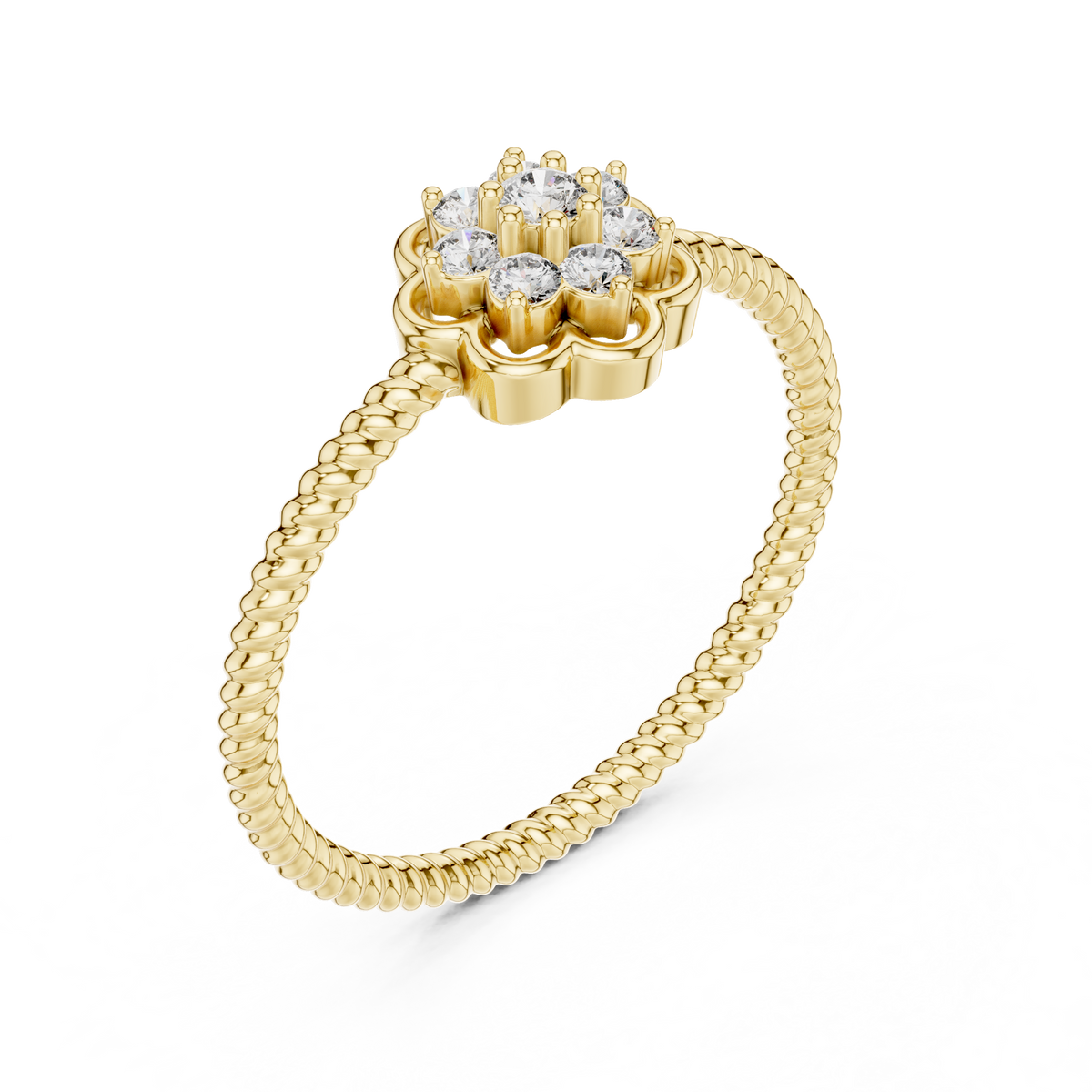 Flower Cluster Moissanite Ring with Rope Band in yellow 925 sterling silver, view 2