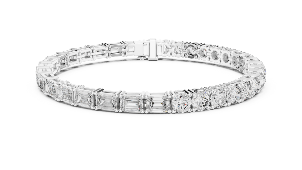 Emerald and Round Moissanite Tennis Bracelet in white 925 sterling silver, view 1
