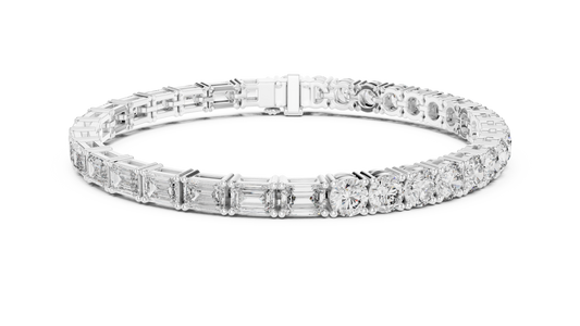 Emerald and Round Moissanite Tennis Bracelet in white 925 sterling silver, view 1