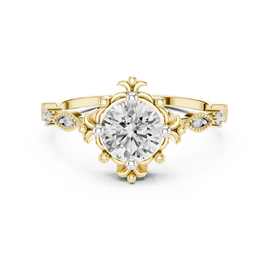 Vintage Solitaire Moissanite Ring with Fleur-de-Lis Accents in yellow 925 sterling silver, view 4