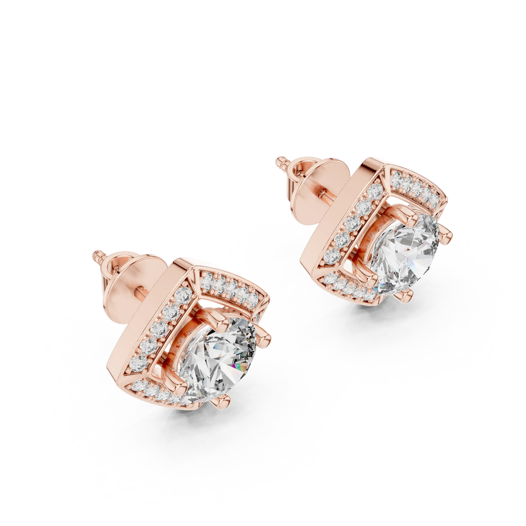 Round moissanite square halo stud earrings in rose 925 sterling silver, view 2
