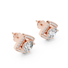 Round moissanite square halo stud earrings in rose 925 sterling silver, view 2