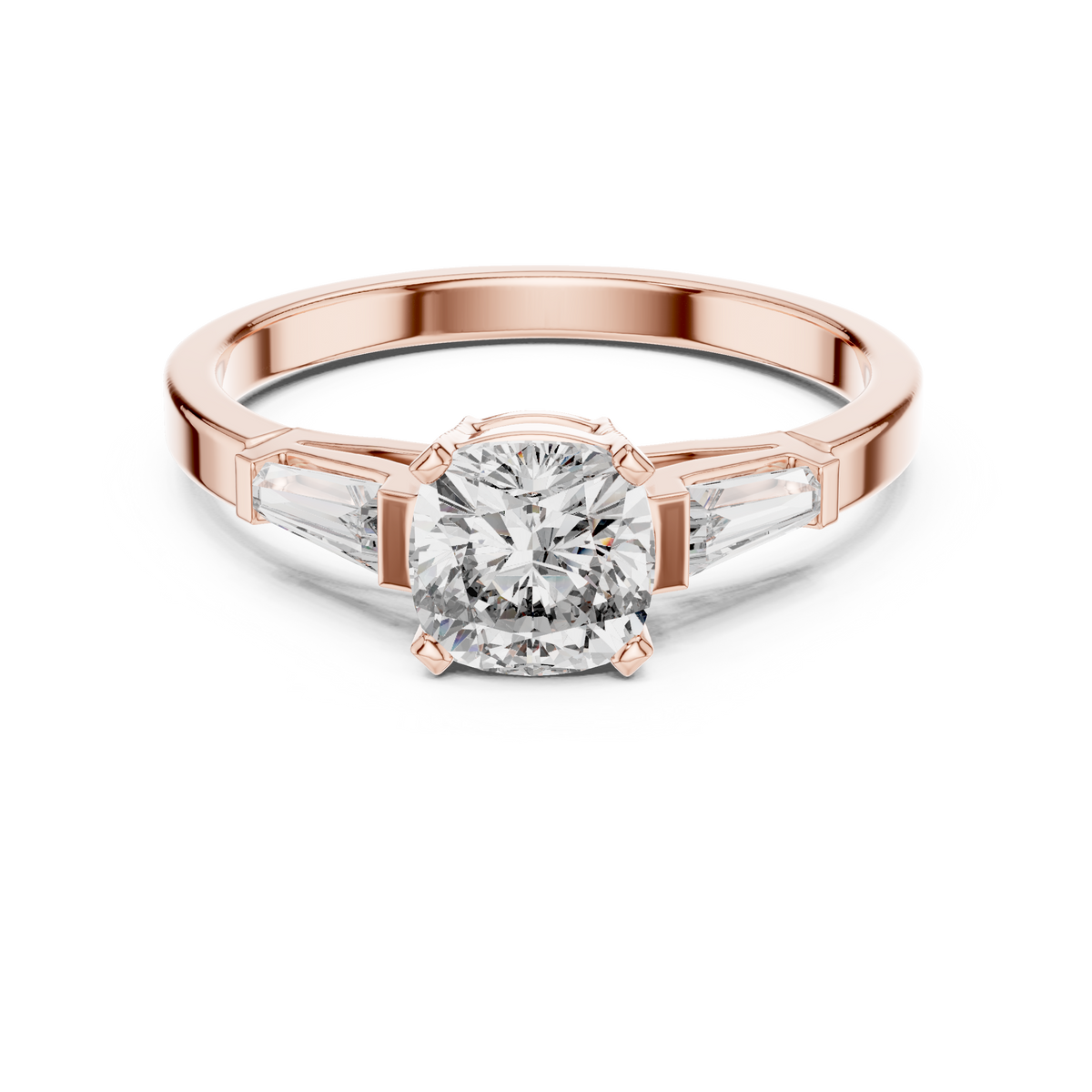 Cushion Cut Moissanite Ring with Tapered Baguette Sides in rose 925 sterling silver, view 4