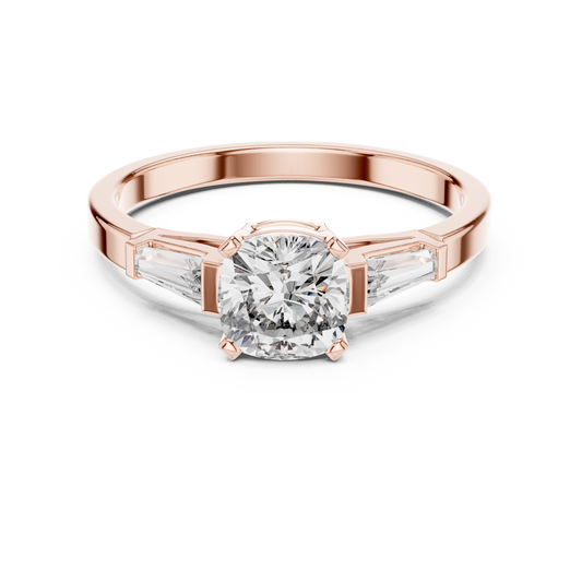 Cushion Cut Moissanite Ring with Tapered Baguette Sides in rose 925 sterling silver, view 4