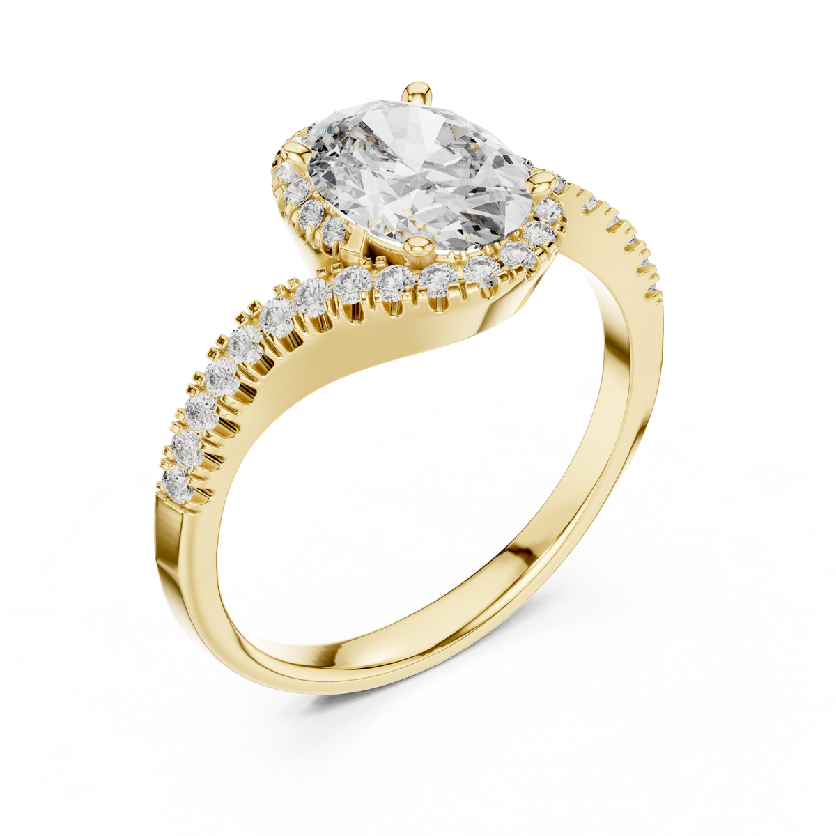 Oval Halo Moissanite Swirl Bypass Ring in yellow 925 sterling silver, view 2