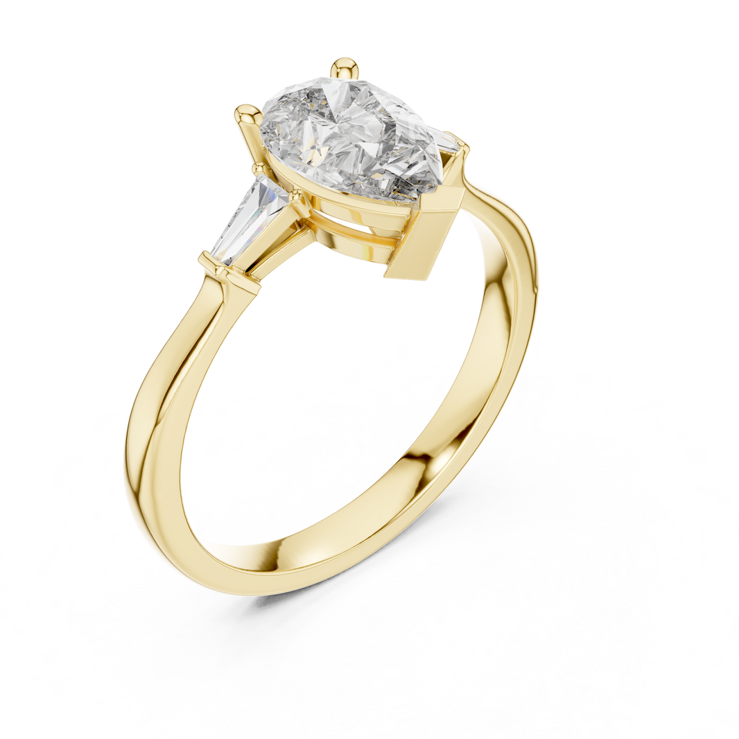 Pear Moissanite Ring with Tapered Baguette Sides in yellow 925 sterling silver, view 2
