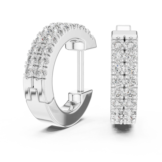 Moissanite double row pave huggie earrings in white 925 sterling silver, view 1