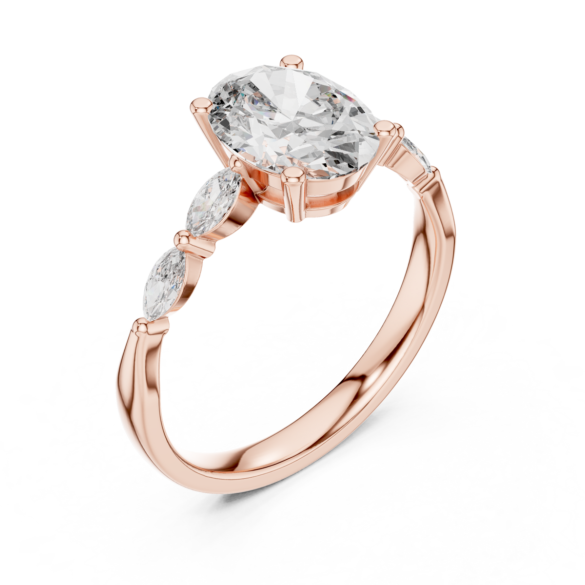 Oval Moissanite Ring with Marquise Accent Shoulders in rose 925 sterling silver, view 2
