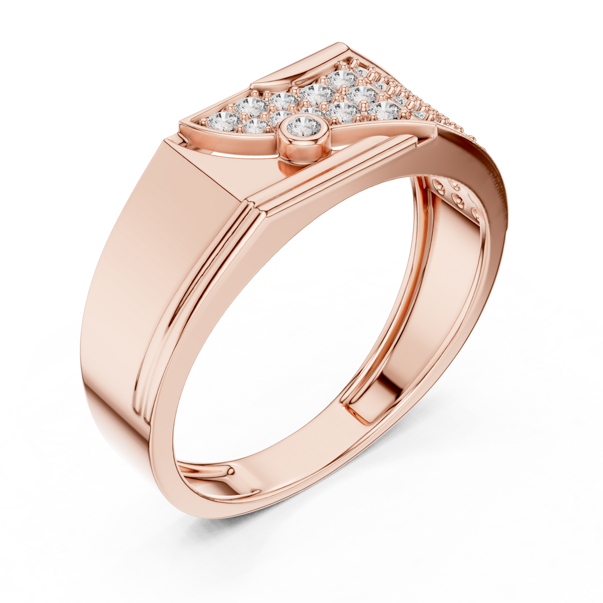 Men's Wide Pavé Panel Moissanite Band with Bezel Accent in rose 925 sterling silver, view 2
