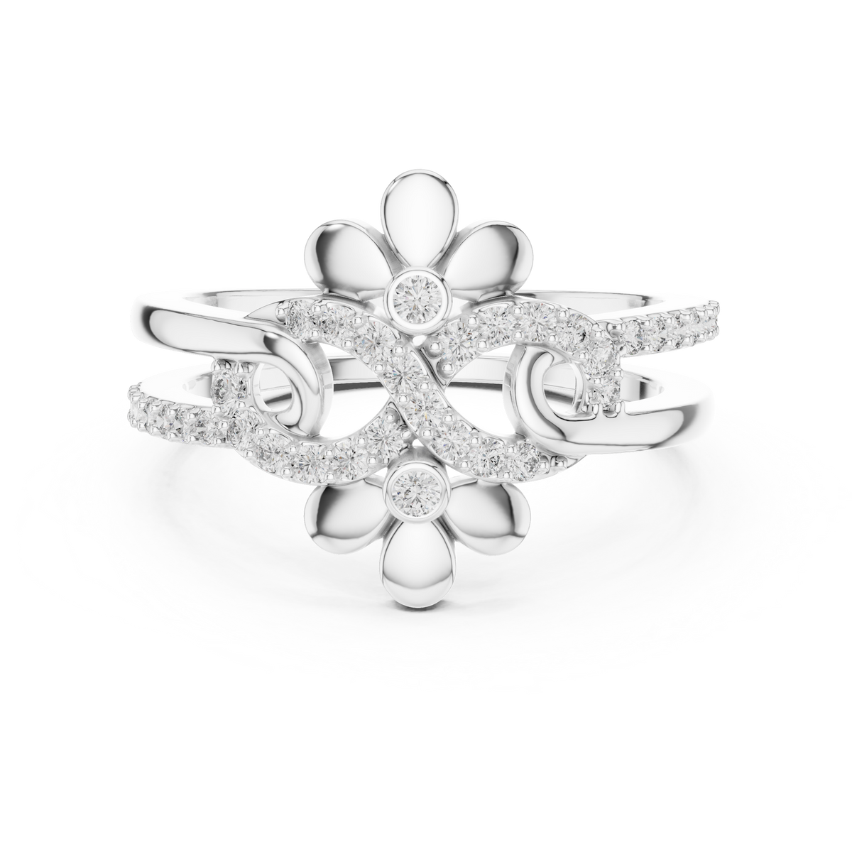 Double Flower Infinity Swirl Moissanite Ring in white 925 sterling silver, view 4
