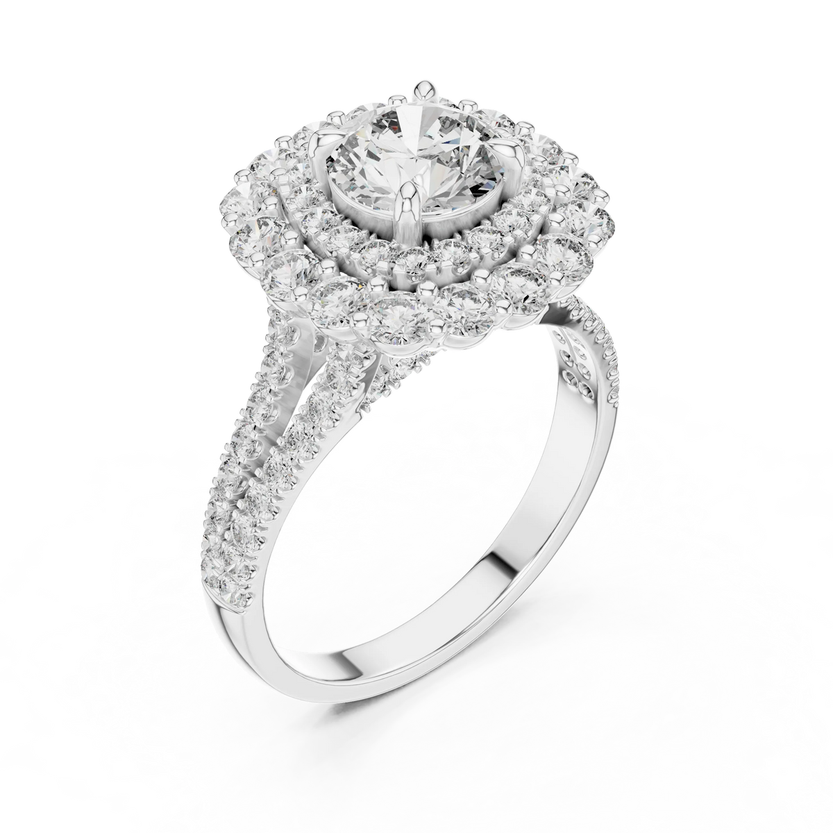 Round Cluster Halo Moissanite Engagement Ring in white 925 sterling silver, view 2