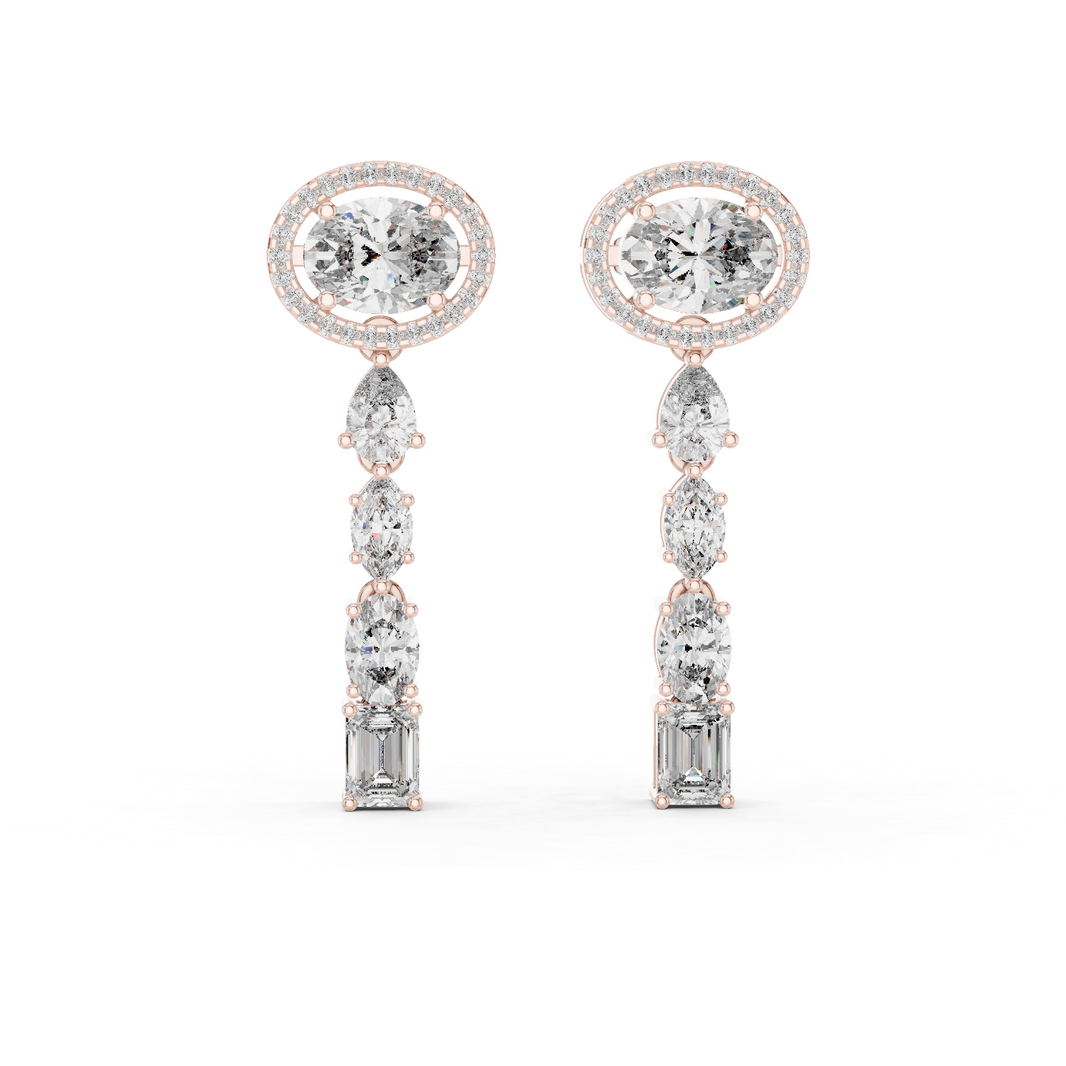 Oval Halo Mixed Shape Moissanite Line Drop Earrings in rose 925 sterling silver, view 1
