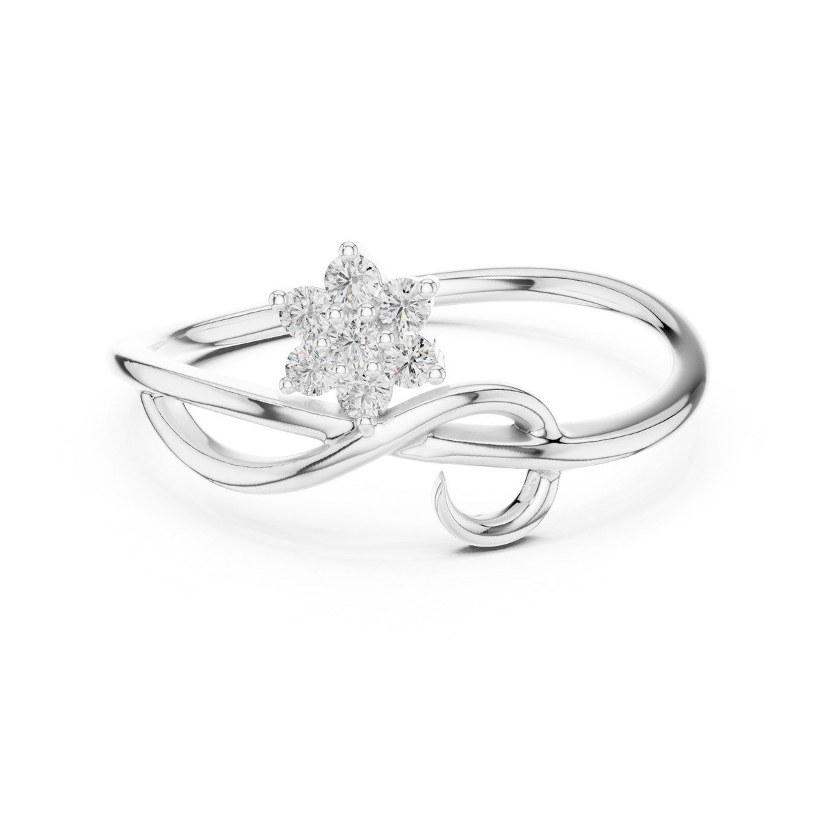 Flower Cluster Infinity Swirl Moissanite Ring in white 925 sterling silver, view 4