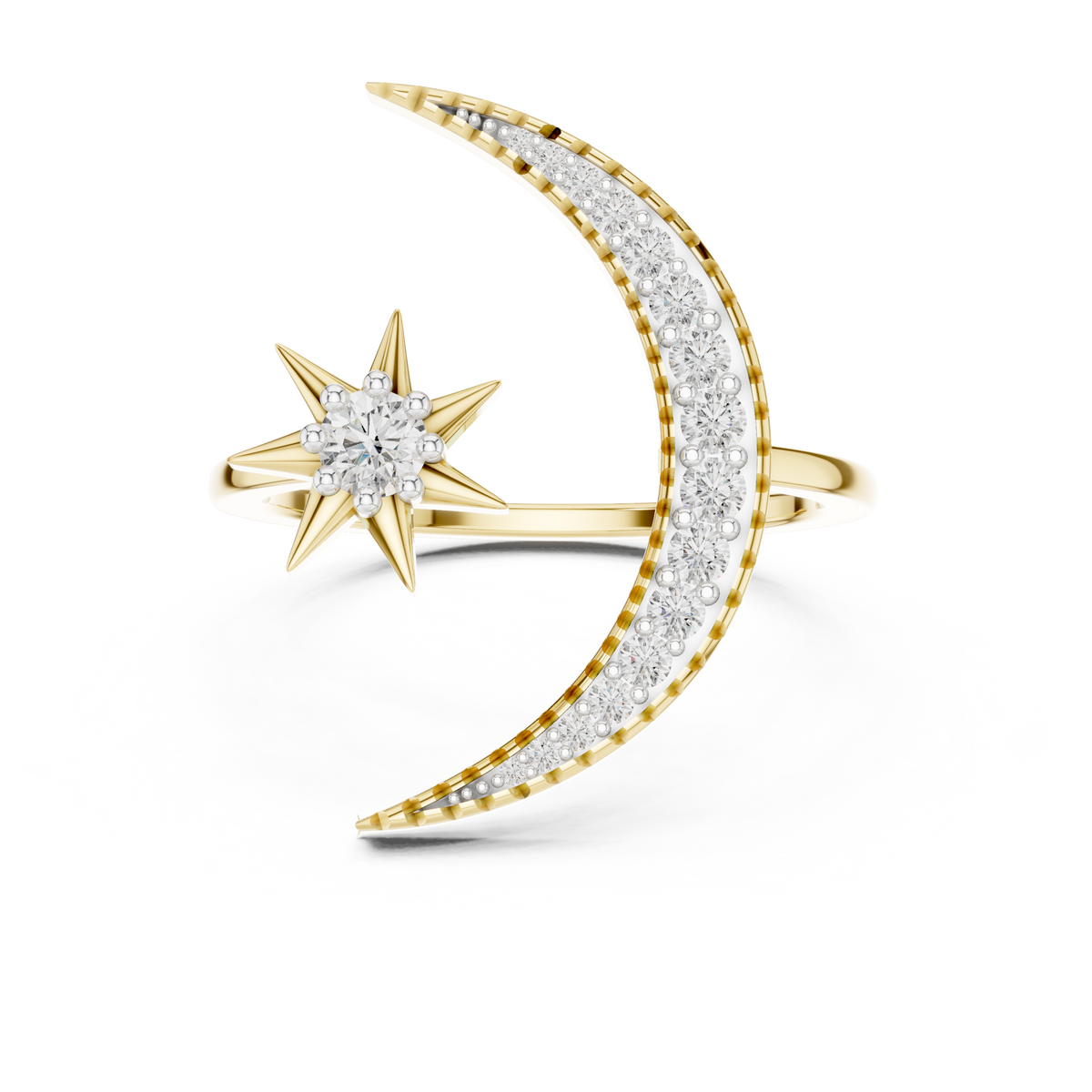 Crescent Moon and Star Moissanite Open Ring in yellow 925 sterling silver, view 4