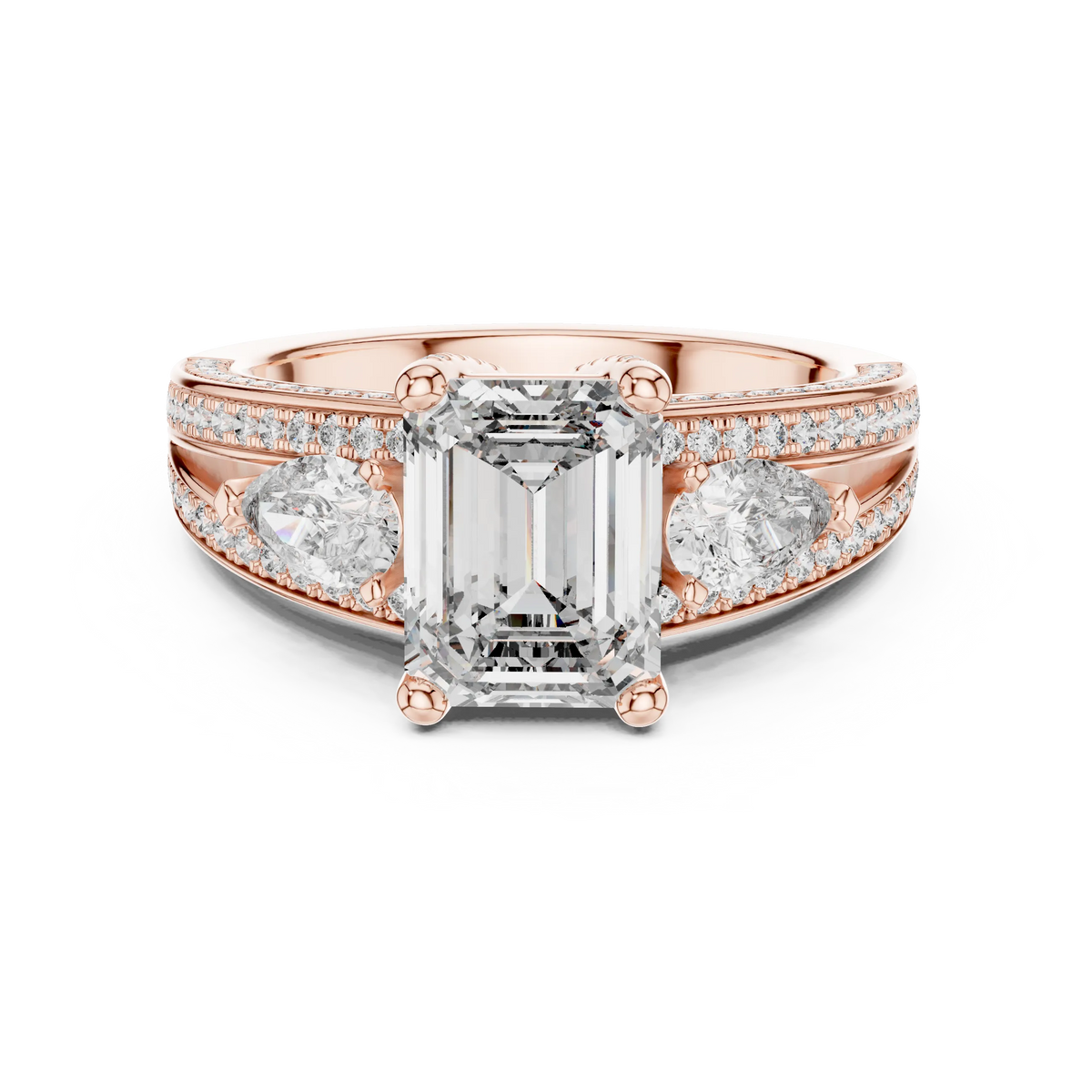Emerald Cut Moissanite Ring with Pear Sides and Split Pavé Shank in rose 925 sterling silver, view 4