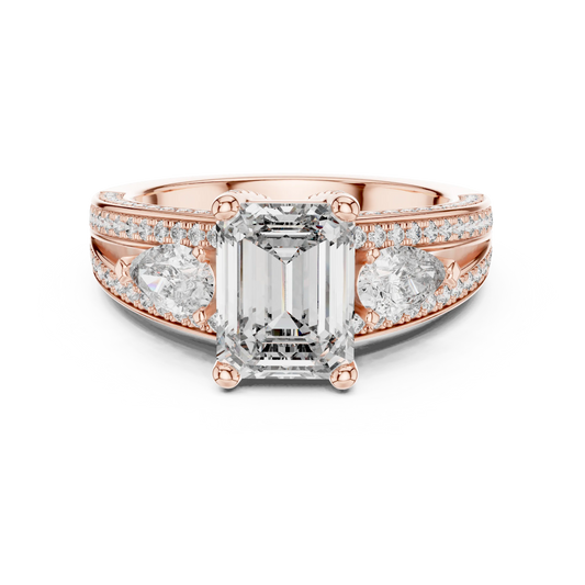 Emerald Cut Moissanite Ring with Pear Sides and Split Pavé Shank in rose 925 sterling silver, view 4