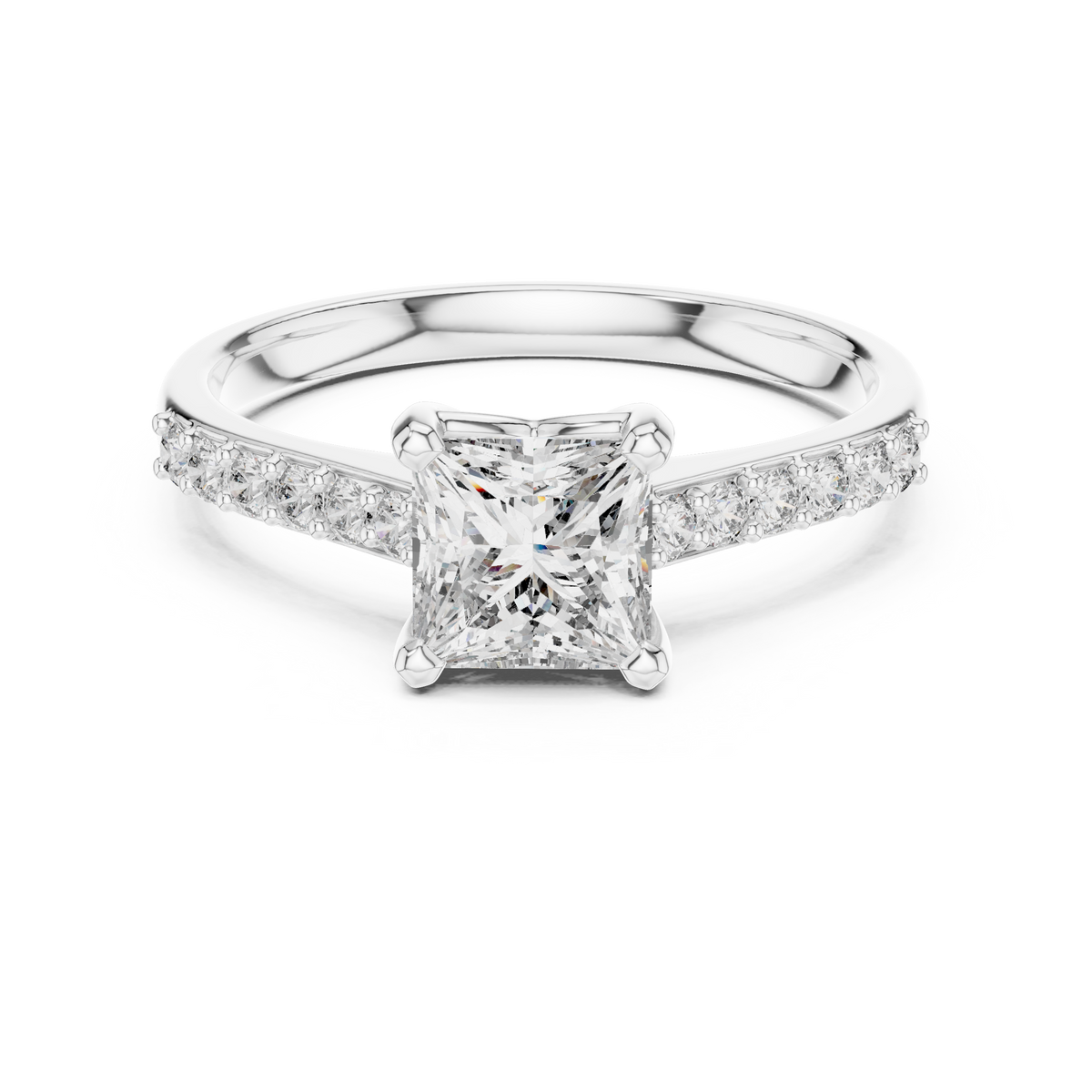 Princess Cut Moissanite Ring with Pavé Shoulders in white 925 sterling silver, view 4