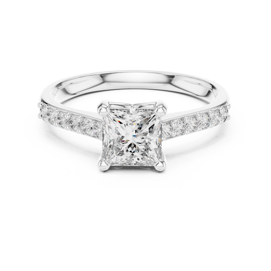 Princess Cut Moissanite Ring with Pavé Shoulders in white 925 sterling silver, view 4
