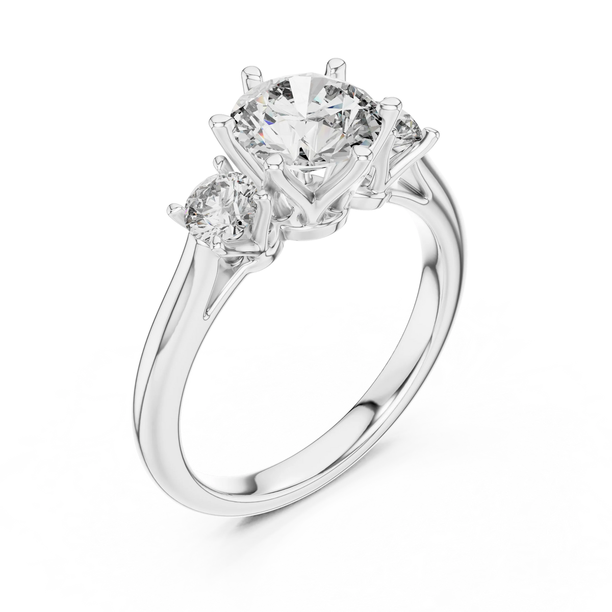 Round Three Stone Moissanite Engagement Ring in white 925 sterling silver, view 2